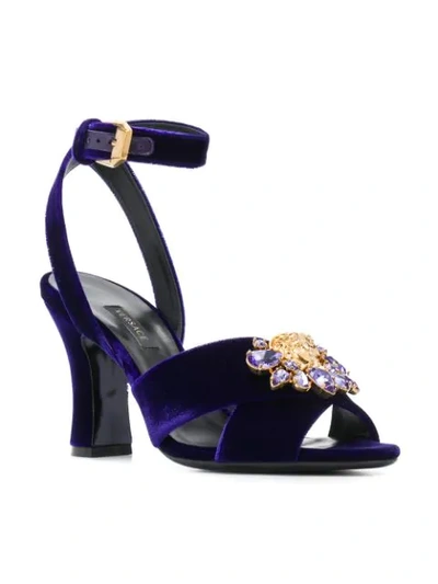 Shop Versace Crystal Medusa Velvet Sandals - Purple