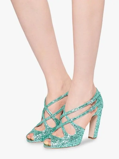 Shop Miu Miu Glitter Strappy Sandals In Green