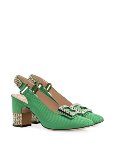 Shop Gucci Moiré Mid-heel Pump With Crystal G In Green