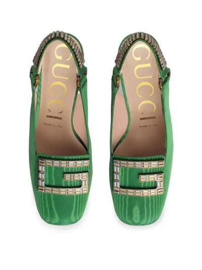 Shop Gucci Moiré Mid-heel Pump With Crystal G In Green