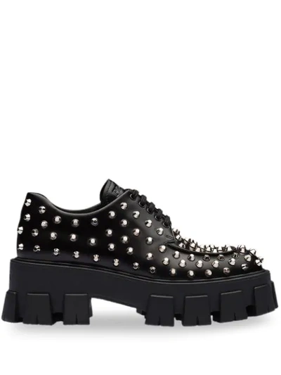 Shop Prada Monolight Brushed Leather Laced Shoes In Black
