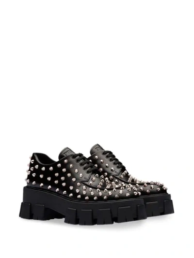 Shop Prada Monolight Brushed Leather Laced Shoes In Black