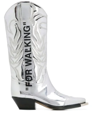 Off-white "for Walking" Metallic Cowboy Boots In Silver | ModeSens