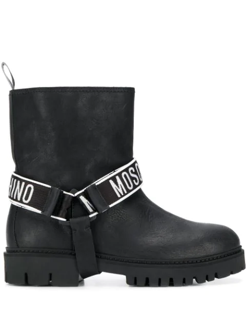 Moschino Leather Biker Boot With Logoed 
