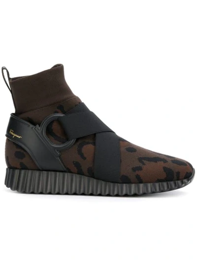 Shop Ferragamo Salvatore  Leopard Sock Sneakers - Brown