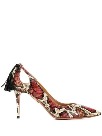 Shop Aquazzura Forever Marilyn Snake-effect 85mm Pumps In Red