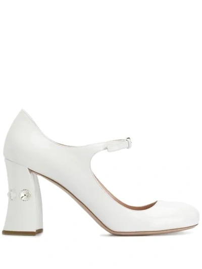 Shop Miu Miu Embellished Heel Mary Jane Pumps In White