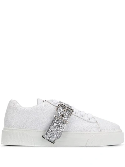 Shop Miu Miu Glitter Strap Sneakers In White