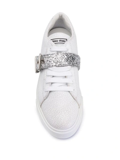 Shop Miu Miu Glitter Strap Sneakers In White