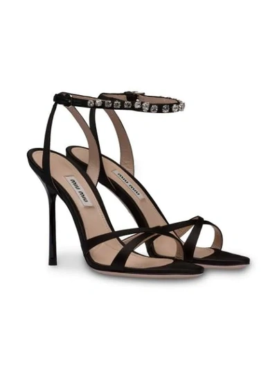 Shop Miu Miu Crystal Embellished Satin Sandals In Black