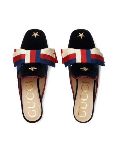 Shop Gucci Sylvie Bow Embroidered Mules - Black