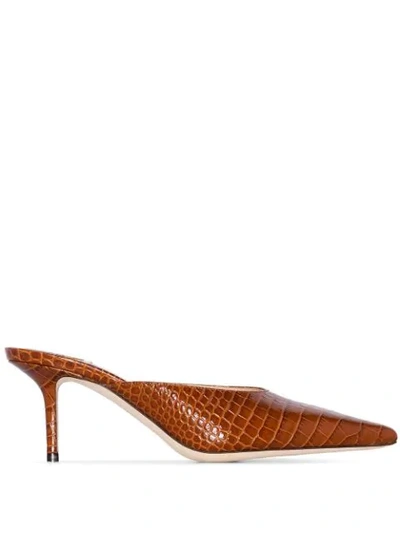 Shop Jimmy Choo Rav 65mm Crocodile-effect Mules In Brown