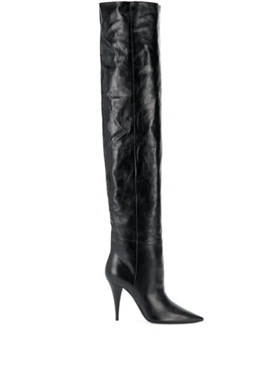 Shop Saint Laurent Kiki Thigh-high Pointed-toe Boots In Black