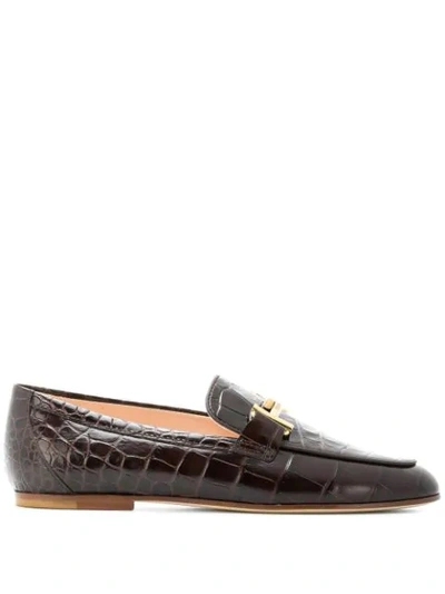 Shop Tod's Embossed Vernished Patterned Loafers  In Brown