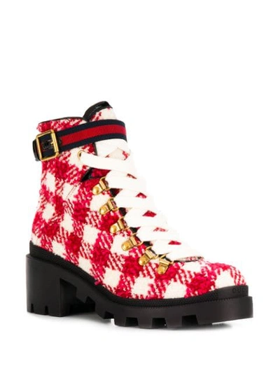 Shop Gucci Block Heel Checked Boots In White