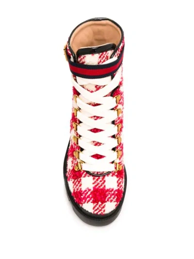 Shop Gucci Block Heel Checked Boots In White