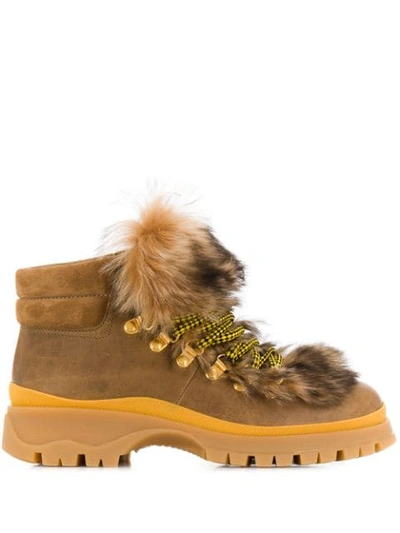 Shop Prada Fur Details Lace-up Boots In Brown