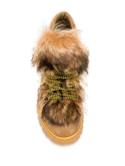 Shop Prada Fur Details Lace-up Boots In Brown