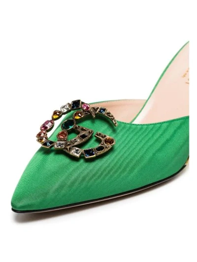 Shop Gucci Green Unia Gg 45 Crystal Satin Mules