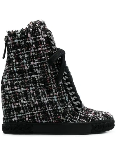 Shop Casadei Tweed Wedge Sneakers - Black