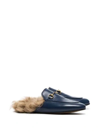 Shop Gucci Blue Princetown Shearling Lined Leather Backless Loafers