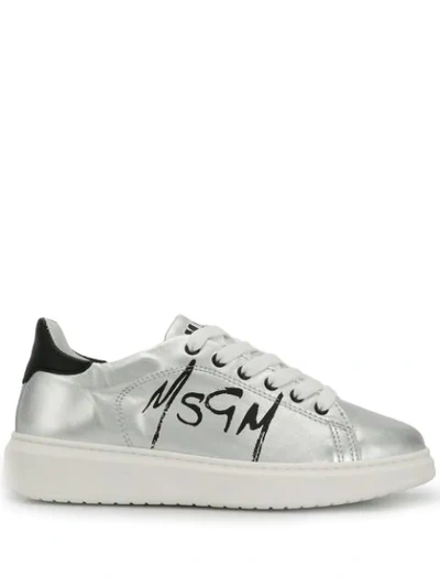 Shop Msgm Metallic Logo Print Sneakers In Silver