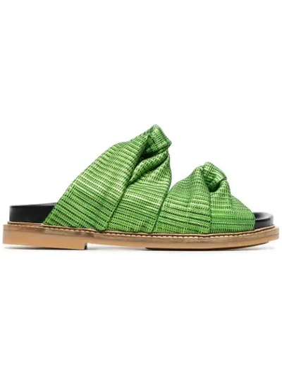 Shop Ganni Green Anoush Knotted Embossed Leather Slides