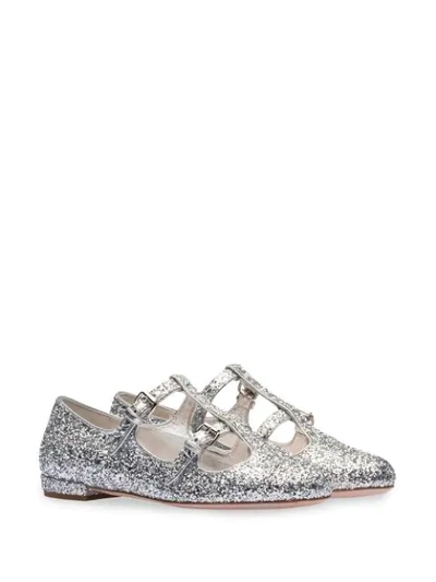 Shop Miu Miu Glitter Buckle Ballerina Flats In Silver