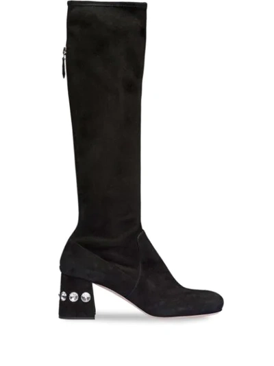 Shop Miu Miu Embellished 65mm Suede Boots In Black