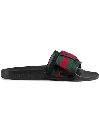 Shop Gucci Black Pursuit Cotton And Leather Ribbon Bow Flat Slides
