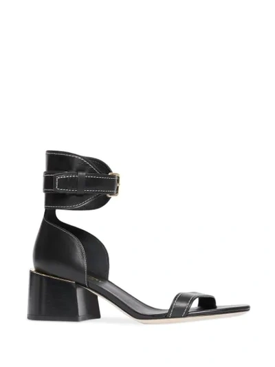 Shop Burberry Gold-plated Detail Leather Block-heel Sandals In Black