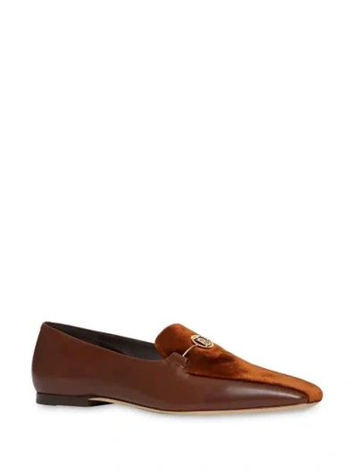 Shop Burberry Monogram Motif Velvet And Leather Loafers In Brown