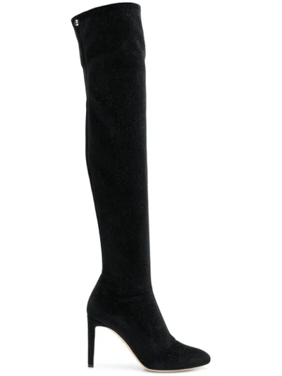 Shop Giuseppe Zanotti Design Glittered Velvet Knee Boots - Black