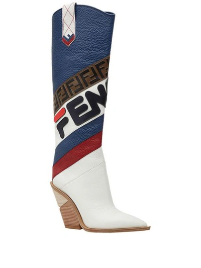 FENDI RED, WHITE AND BLUE FENDI MANIA CUTWALK LOGO BOOTS - 白色