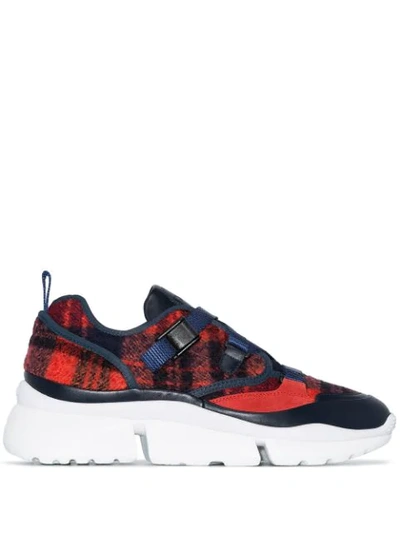 Shop Chloé Sonnie Checked Sneakers In Blue ,red