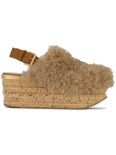 Shop Chloé Brown Camille 75 Shearling Flatform Sandals In Neutrals