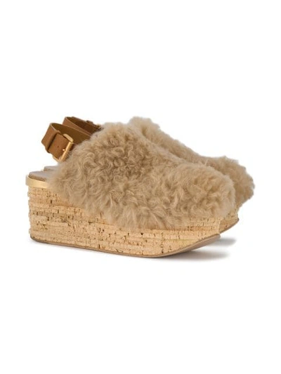 Shop Chloé Brown Camille 75 Shearling Flatform Sandals In Neutrals
