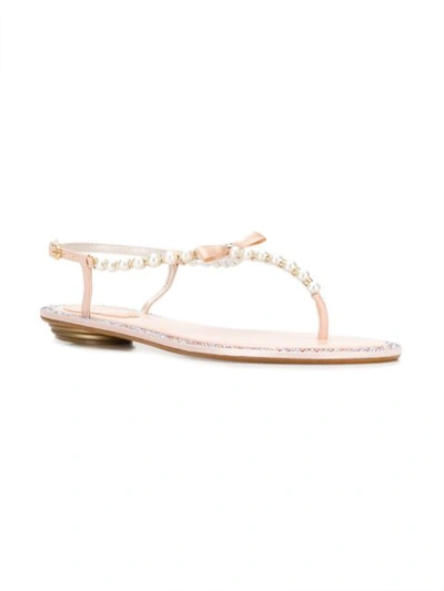 Shop René Caovilla Flat Sandals With Pearl Appliqués In Neutrals