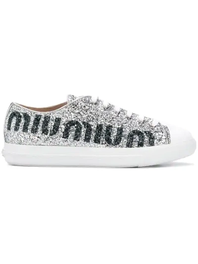 Shop Miu Miu Logo Sneakers - Grey