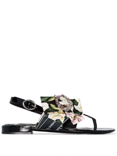 Shop Dolce & Gabbana Floral-ribbon Flat Sandals In Black