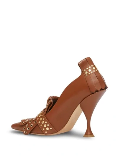 Shop Burberry Studded Kiltie Fringe Leather Point-toe Pumps In Brown