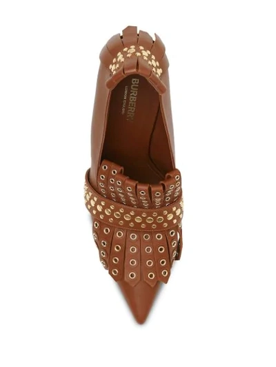 Shop Burberry Studded Kiltie Fringe Leather Point-toe Pumps In Brown