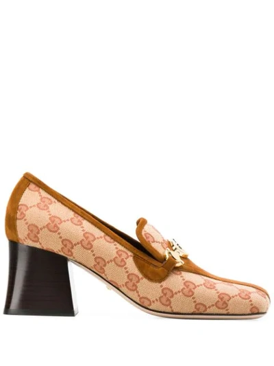 Shop Gucci Zumi Gg Canvas Mid-heel Loafers In Neutrals