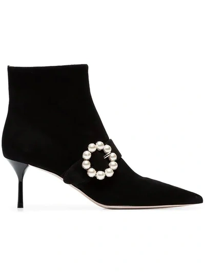 Shop Miu Miu Black Side Pearl 65 Suede Leather Boots