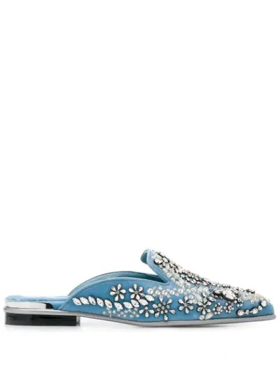 Shop Alexander Mcqueen Rhinestone Embellished Slippers In Blue