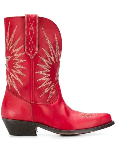 Shop Golden Goose Contrast Stitched Cowboy Boots In Red