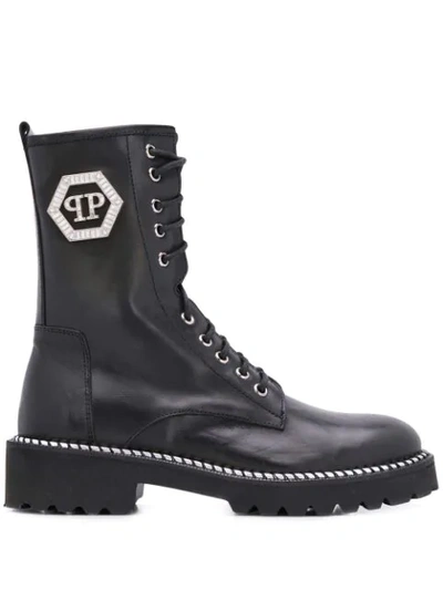Shop Philipp Plein Logo Plaque Military Boots In Black