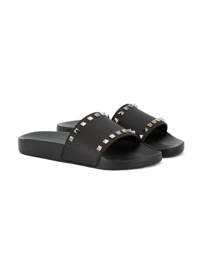 Shop Valentino Garavani Rockstud Pool Slides In Black