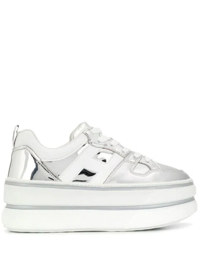 Shop Hogan Metallic Platform Sneakers In White Silver