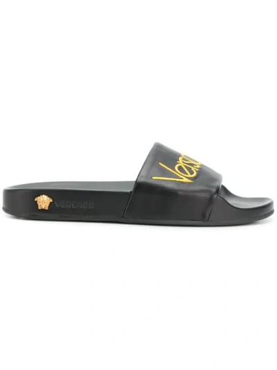 Shop Versace Logo Slider Sandals - Black